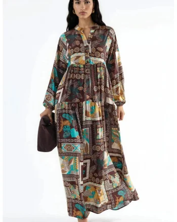Rochie Maxi,  decolteu in V, maneci lungi, maro, viscoza
