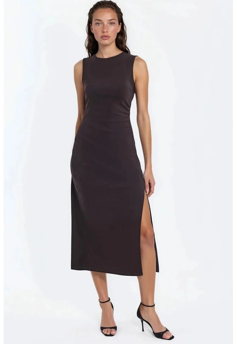 Rochie Midi,  Femei, Maro castaniu, 71% bumbac, fara maneci