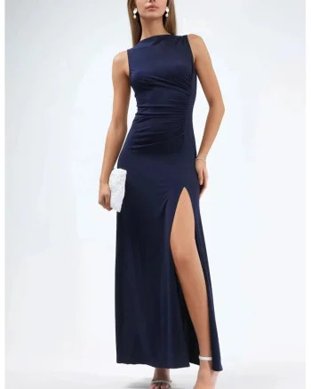 Rochie Maxi  decolteu barca, croiala in A, bleumarin, poliester/elastan