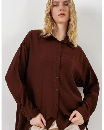 Camasi dama,  camasa supradimensionata, maneca lunga, maro mocha, poliester-bumbac