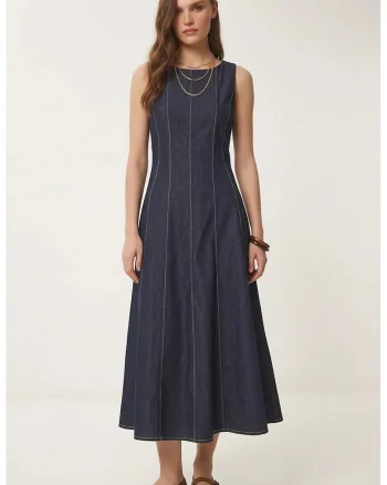 Rochie midi, Happiness Istanbul, denim, guler rotund, bleumarin, poliester/elastan