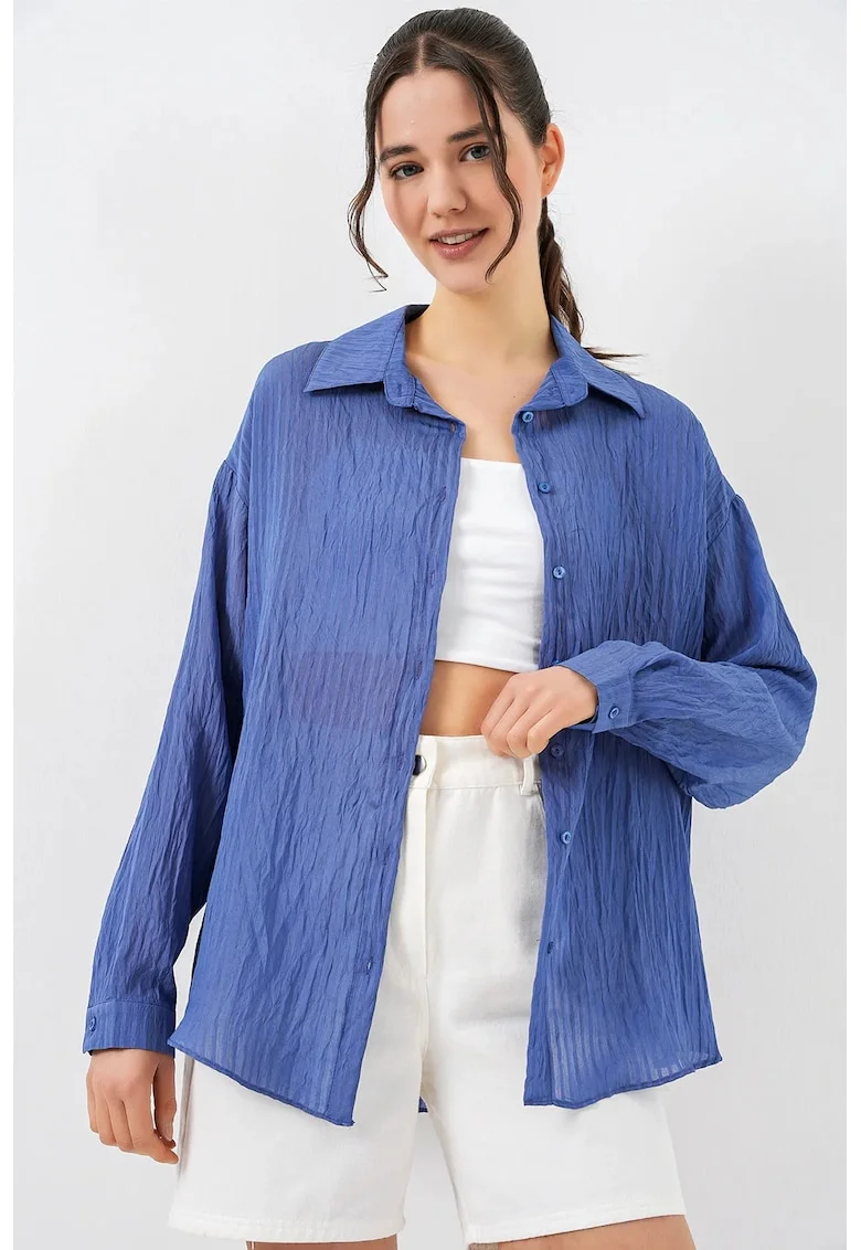Camasi dama,  camasa texturata cu maneca lunga, Oxford Blue, lejer, 80% viscoza, 20% nailon