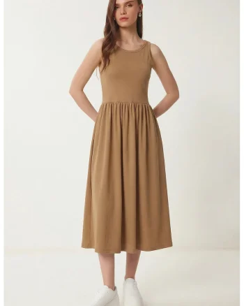 Rochie midi, Happiness Istanbul, bumbac, maro