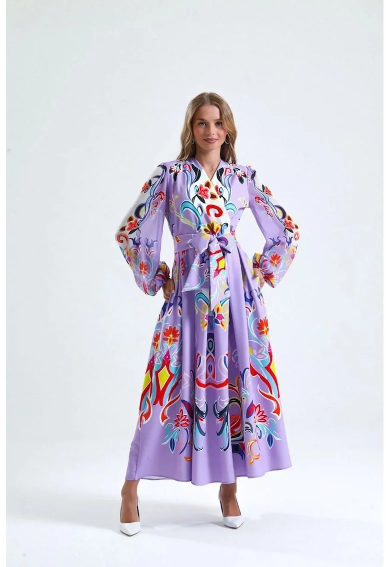 Rochie maxi,  model floral, mov, cu maneca lunga, decolteu in V, cu cordon, poliester-lycra