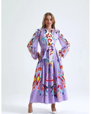 Rochie maxi,  model floral, mov, cu maneca lunga, decolteu in V, cu cordon, poliester-lycra