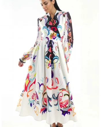 Rochie Maxi,  Imprimeu Floral, Maneca lunga, Multicolor, Poliester cu Lycra