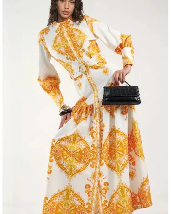 Rochie Maxi,  Imprimeu Paisley, Maneca lunga, Galben, Poliester cu Lycra