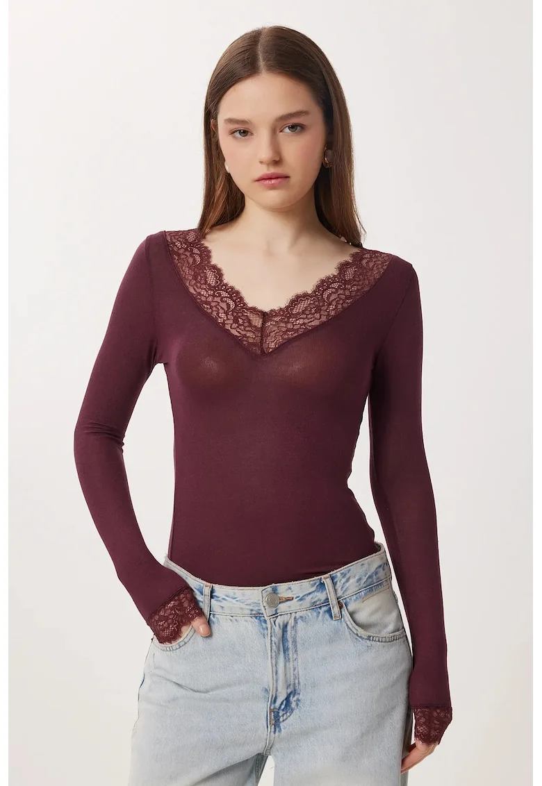 Bluza dama, Happiness Istanbul, Mov inchis, Dantela, Decolteu in V
