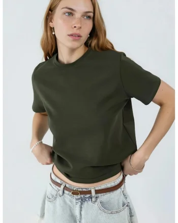 Tricou dama,  simplu, kaki, bumbac si elastan