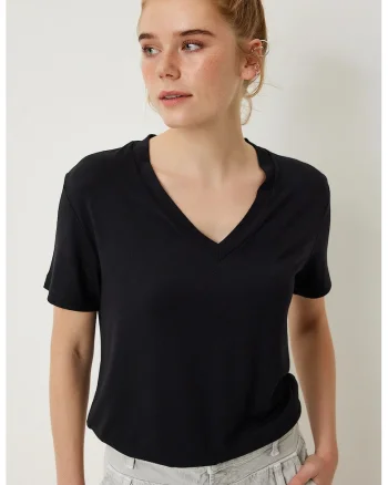 Tricouri dama, Happiness Istanbul, tricou simplu, decolteu in V, negru, viscoza-elastan,