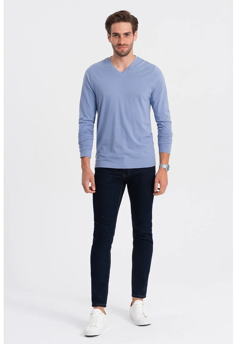 Bluza din bumbac cu decolteu in V, Albastru lavanda
