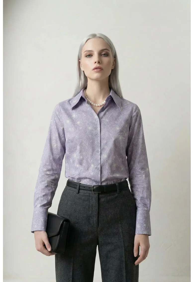Camasi dama,  camasa cu imprimeu abstract, mov liliachiu, maneca lunga, 100% poliester