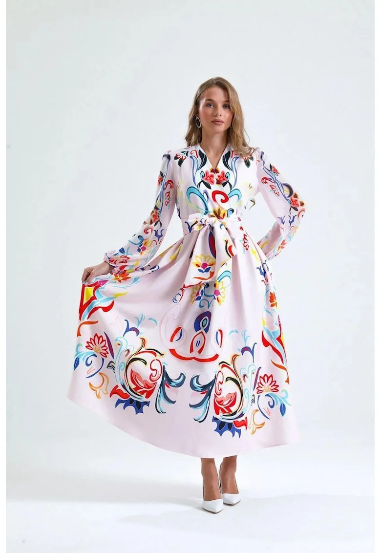 Rochie maxi,  model floral, alb, cu maneca lunga, decolteu in V, cu cordon, poliester/lycra