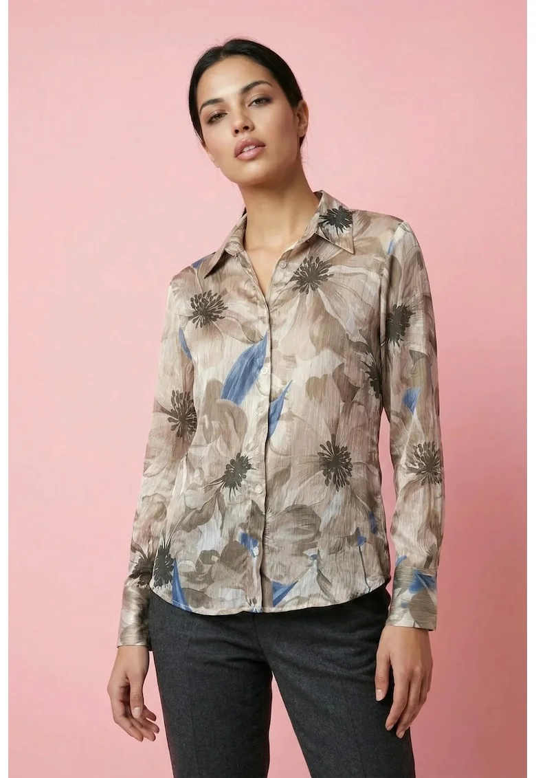 Camasi dama,  camasa cu imprimeu floral, lungime maneca lunga, culoare maro nuc, 100% poliester
