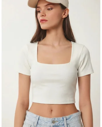 Tricou dama, Happiness Istanbul, Poliester/Elastan, Ecru