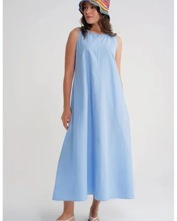 Rochie maxi  croiala lejera, albastru, bumbac-poliester