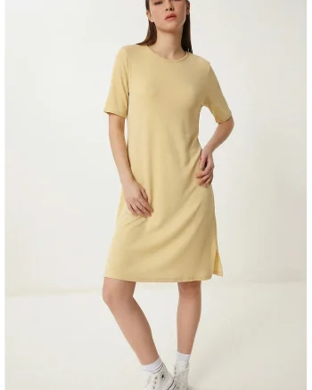 Rochie mini, Happiness Istanbul, galben, cumaneca scurta, guler rotund, bumbac