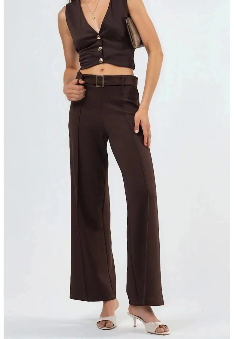 Pantaloni dama  talie inalta, croiala dreapta, maro, poliester