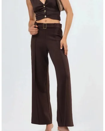 Pantaloni dama  talie inalta, croiala dreapta, maro, poliester
