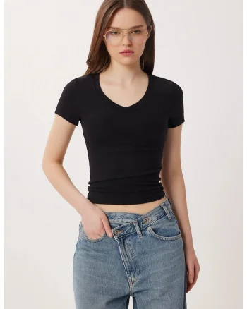 Tricou dama, Happiness Istanbul, Basic, decolteu in V, negru, amestec de bumbac