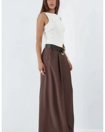 Pantaloni dama  talie inalta, plisati, maro, poliester