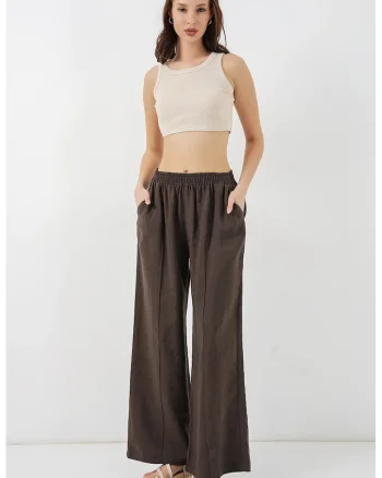 Pantaloni dama  talie elastica, maro, modal