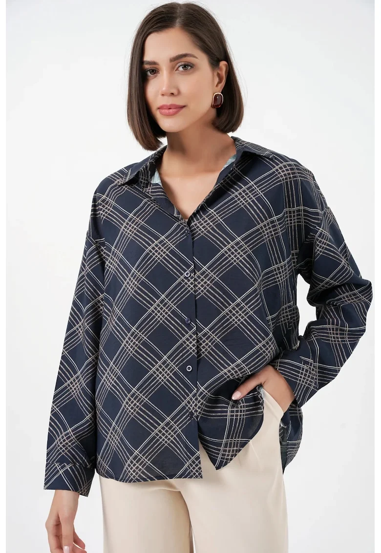 Camasi dama,  camasa supradimensionata, carouri, albastru marin, 80% viscoza, 20% nailon