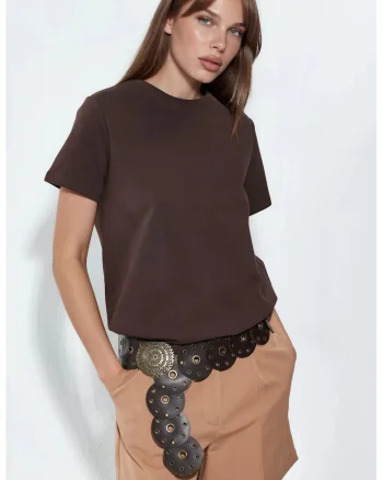 Tricou dama,  simplu, scurt, maro, bumbac si elastan