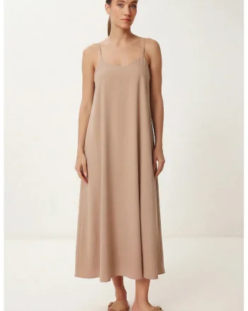 Rochie Midi Happiness Istanbul, Lejer, Bej, Poliester/Bumbac