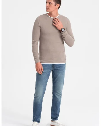 Pulover slim fit cu model uni, Bej