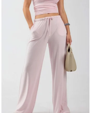 Pantaloni dama  largi, roz, poliester