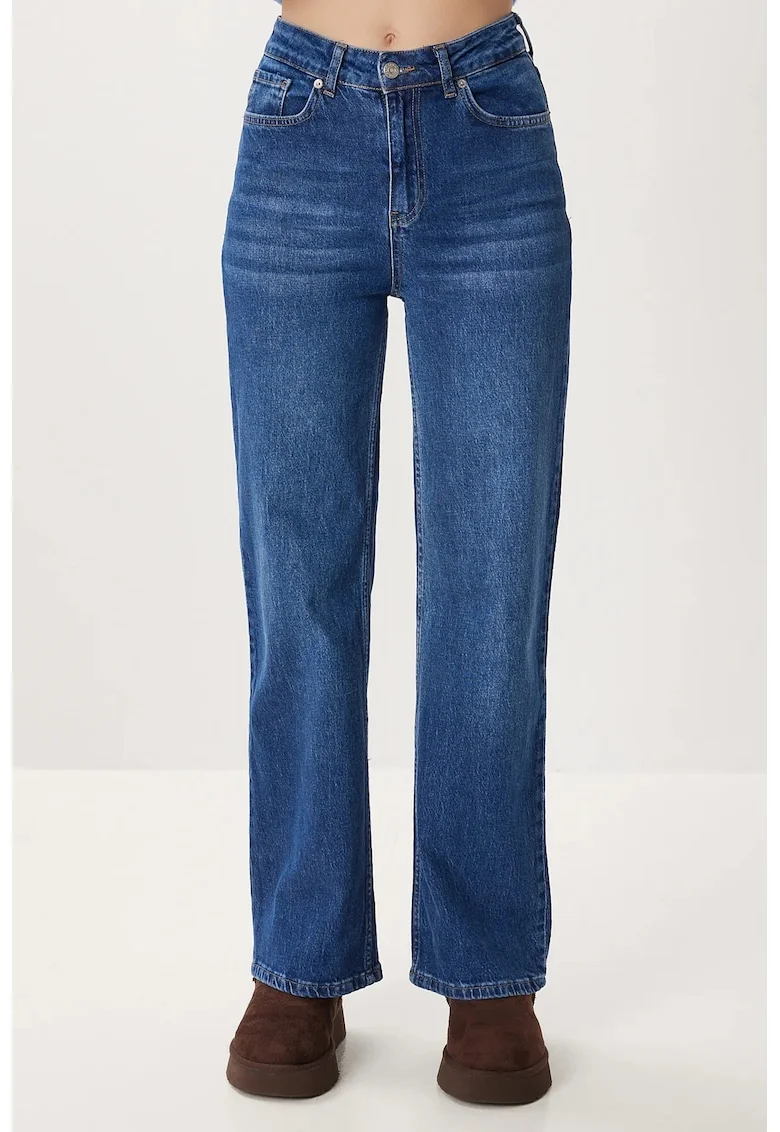 Blugi dama, Happiness Istanbul, denim, talie inalta, croiala larga, bleumarin, 100% bumbac