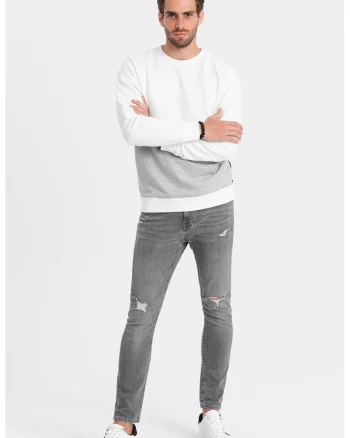 Bluza de trening cu decolteu la baza gatului si model colorblock, Alb/Gri