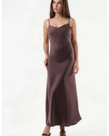 Rochie Midi,  Satin, Decolteu in V, Maro Inchis