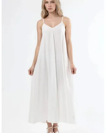 Rochie midi,  decolteu in V, alb, poliester