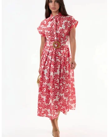 Rochie midi  rosu/alb, poliester/lycra