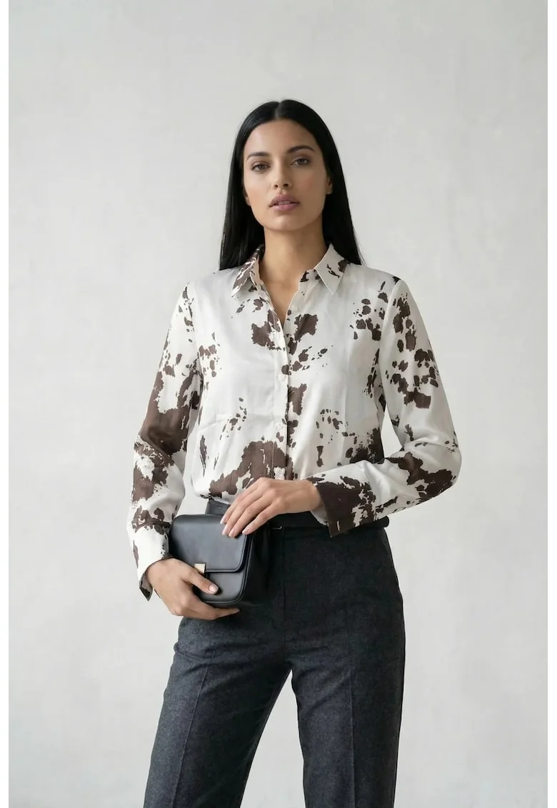 Camasa dama,  camasa cu imprimeu abstract, lungime maneca lunga, maro cafea, 100% poliester