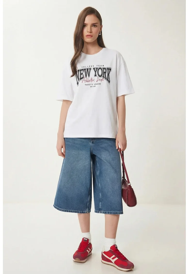 Tricouri dama, Happiness Istanbul, tricou supradimensionat, imprimeu, alb, 100% bumbac