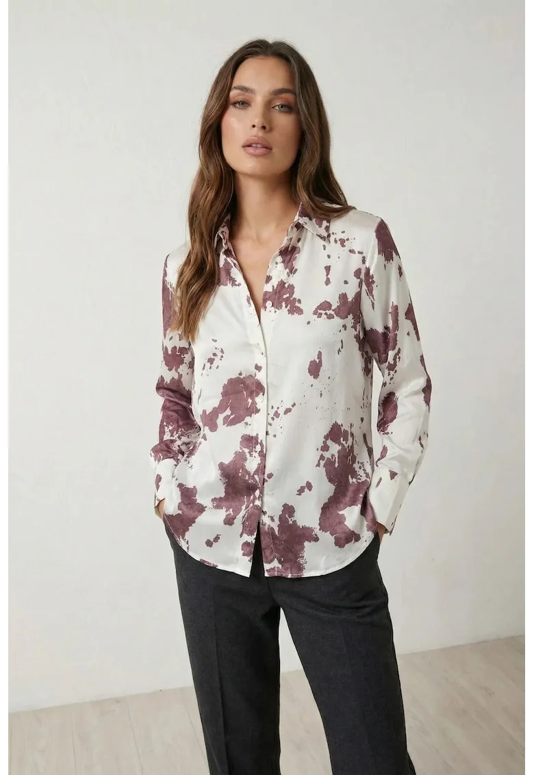 Camasi dama,  camasa cu imprimeu abstract, rosu burgundy, maneca lunga, 100% poliester