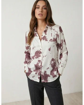 Camasi dama,  camasa cu imprimeu abstract, rosu burgundy, maneca lunga, 100% poliester