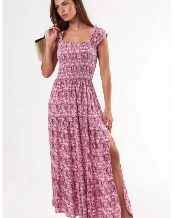 Rochie Maxi  cu imprimeu Paisley, decolteu patrat, roz, viscoza