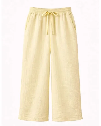 Pantaloni dama  talie inalta, elastic, galben, bumbac