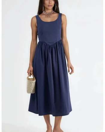 Rochie Midi  cu guler patrat, detaliu funda, Bumbac/Poliester, bleumarin