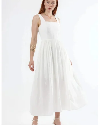 Rochie midi  decolteu patrat, alb, poliester, fara maneci