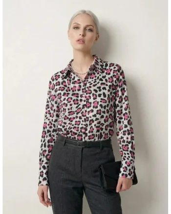 Camasi dama,  camasa cu maneca lunga, imprimeu leopard, roz magenta, poliester
