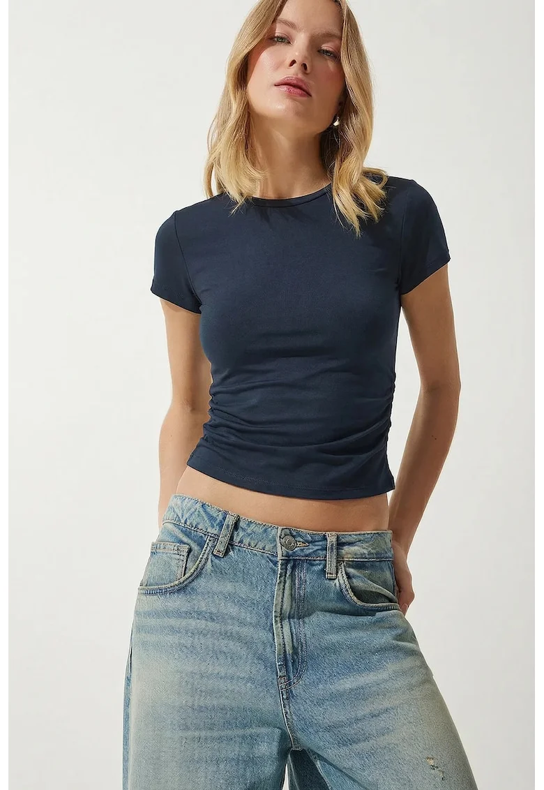 Tricou dama, Happiness Istanbul, Bleumarin, Poliester/Elastan, Slim fit, Guler rotund