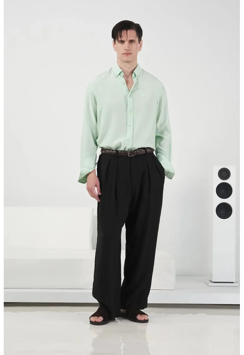 Pantaloni barbati,  plisati, picior larg, negru, modal/poliester
