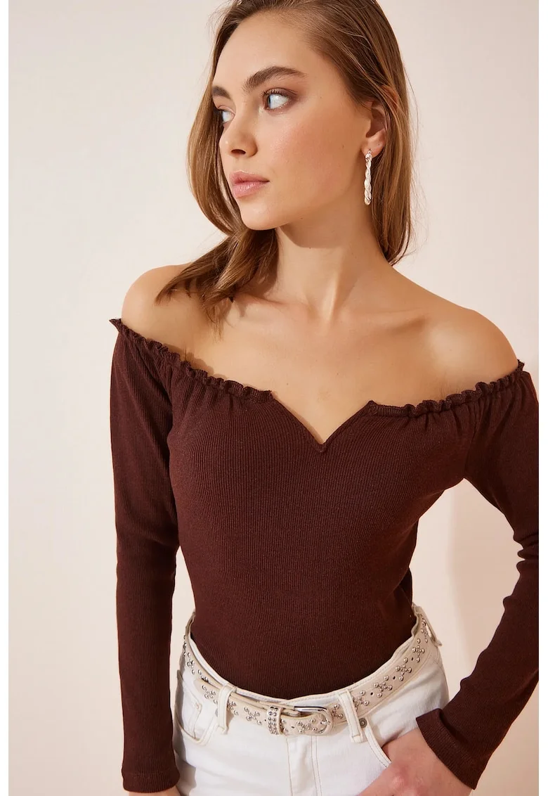 Bluza dama, Happiness Istanbul, decolteu in forma de inima, maro, bumbac