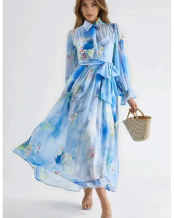 Rochie tip camasa maxi,  imprimeu abstract, poliester/lycra, albastru