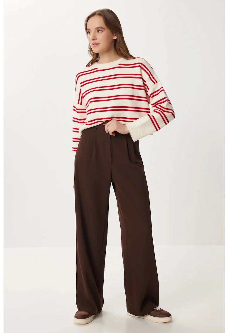 Pantaloni dama, Happiness Istanbul, talie inalta, culoare maro, poliester